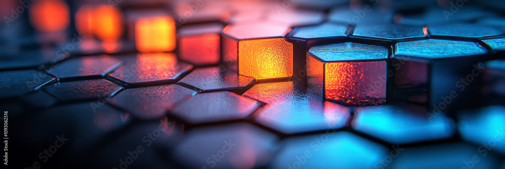 Aufkleber A minimalist display of overlapping hexagonal glass tiles with a subtle blue to red gradient, capturing reflections,