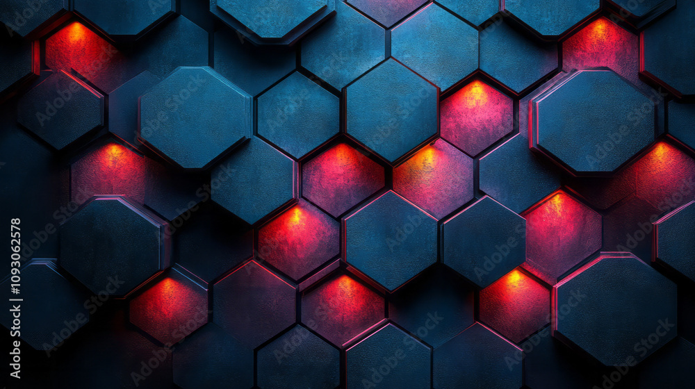 Aufkleber A futuristic mosaic of blue and red gradient hexagonal glass tiles, glowing softly in an abstract geometric layout,