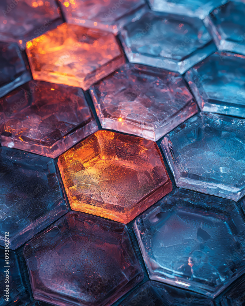 Poster an abstract pattern of hexagonal tiles made of translucent glass, transitioning smoothly between blu
