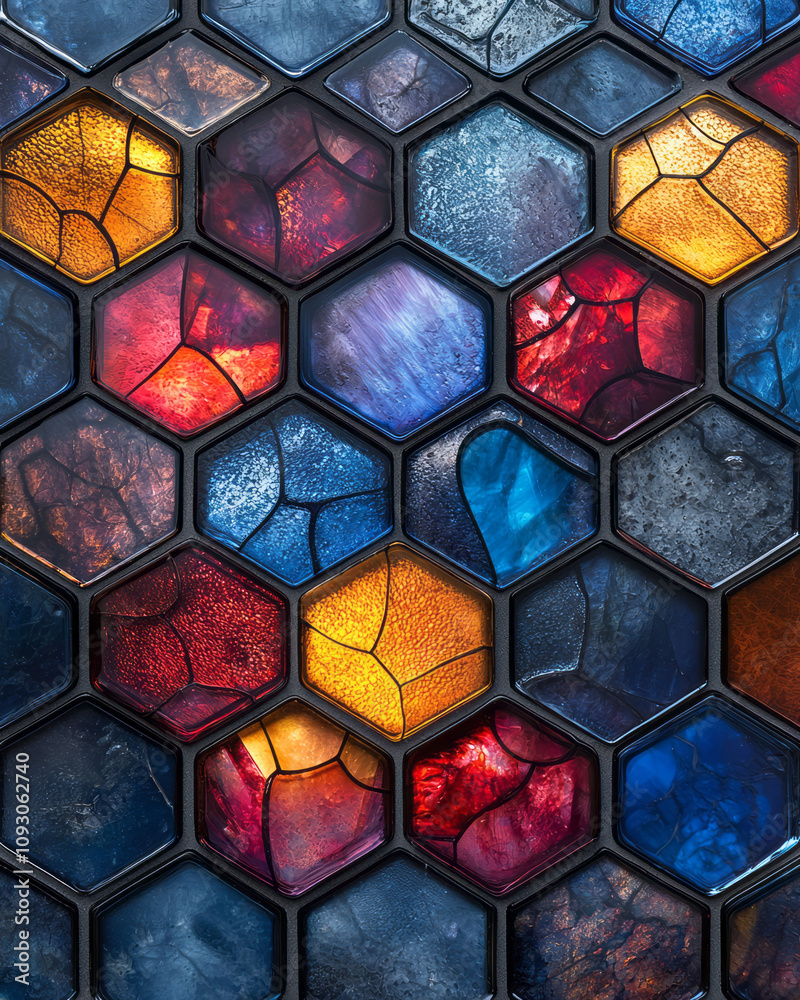 Poster An abstract pattern of hexagonal tiles made of translucent glass, transitioning smoothly between blue and red tones,