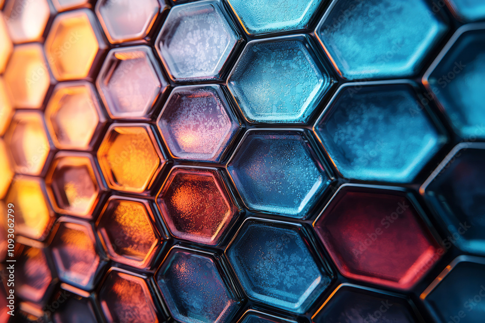 Poster a geometric composition of hexagonal glass tiles arranged in a honeycomb pattern, with vivid blue an