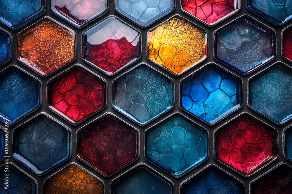 Poster a geometric composition of hexagonal glass tiles arranged in a honeycomb pattern, with vivid blue an