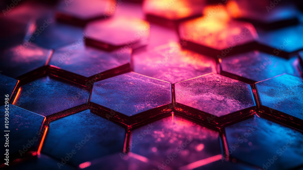 Fototapete a close-up view of layered hexagonal glass tiles in blue and red gradient colors, glowing softly wit