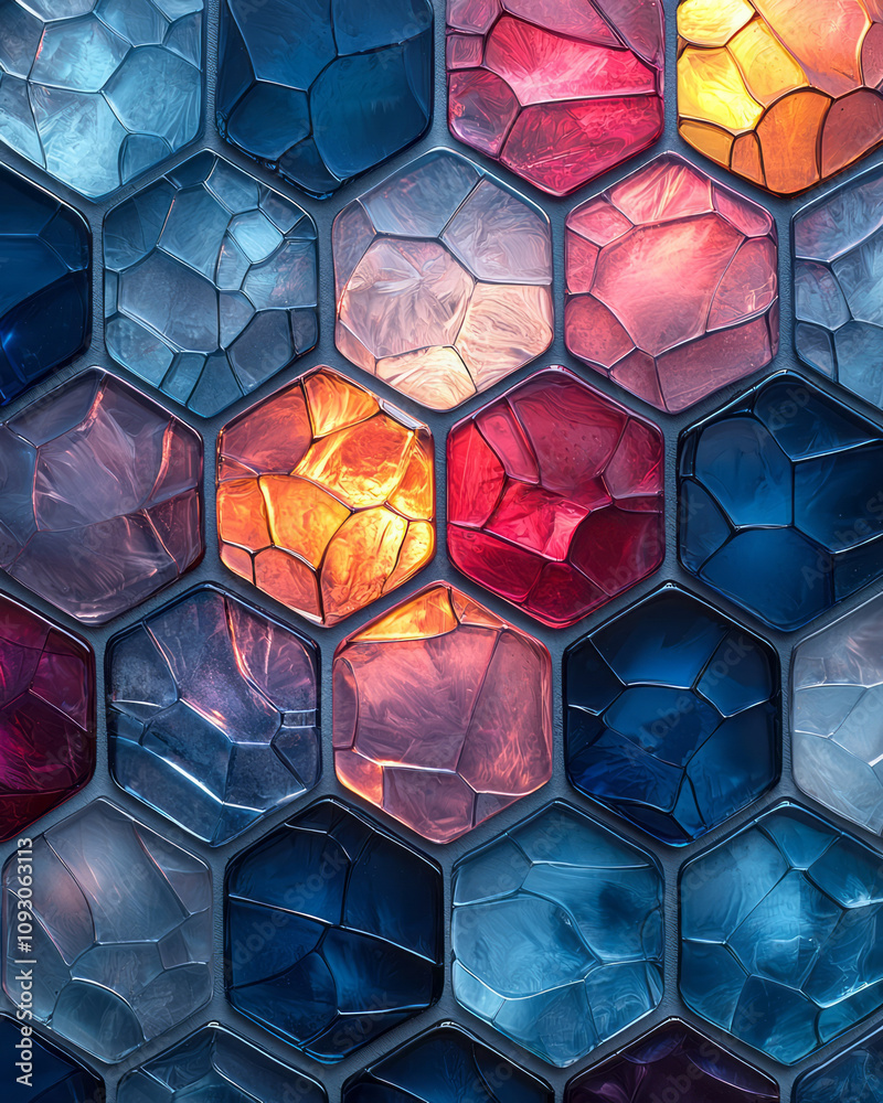 Poster A seamless abstract design of geometric hexagonal glass tiles, with a fluid blue to red gradient creating a cohesive pattern,