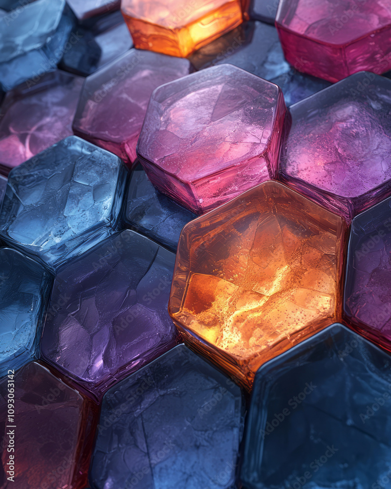 Fototapete A seamless abstract design of geometric hexagonal glass tiles, with a fluid blue to red gradient creating a cohesive pattern,