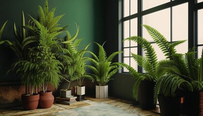 Obraz premium A depiction of ferns situated in the corner of a living room, contributing to the room's decor with a touch of greenery. AI generated.