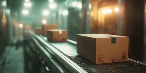 Cardboard Boxes on Conveyor Belt with Motion Blur Background