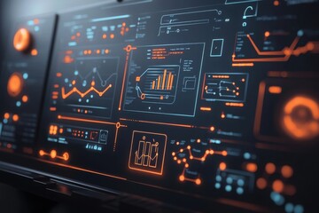 Obraz premium Innovative digital dashboard displaying data analytics modern office infographic high-tech environment close-up view business intelligence concept for enhanced decision-making