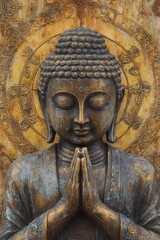 Serene statue of Buddha in peaceful pose with golden background