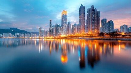 Fototapeta premium A vibrant, bustling metropolis skyline at night, with towering skyscrapers lit up in an array of dazzling colors, reflecting off the surrounding waterway.