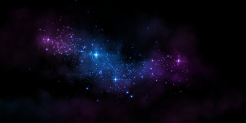 Fantastic smoke background. Magic smoke with glitter and small particles of twinkling stars, fog with luminous particles, blue vapor with stardust. Vector illustration.	