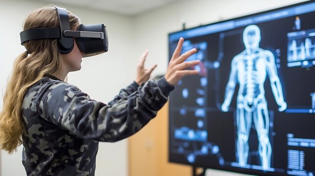 Person wearing a virtual reality headset engaging in a physical therapy session guided by a healthcare application with real time data and analytics displayed for rehabilitation and wellness purposes