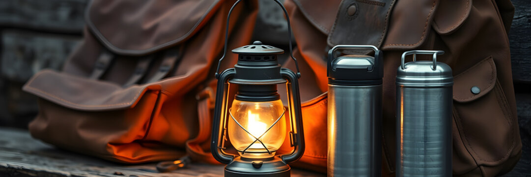 A vintage lantern glowing softly, placed beside an old leather backpack and a thermos. Generative AI