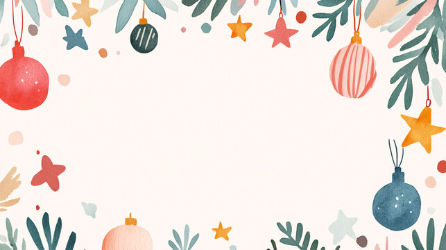 A whimsical watercolor holiday greeting card layout with colorful hand-painted ornaments, garlands, and festive stars. The vibrant elements are arranged in a playful pattern around a central blank