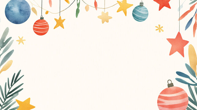 A whimsical watercolor holiday greeting card layout with colorful hand-painted ornaments, garlands, and festive stars. The vibrant elements are arranged in a playful pattern around a central blank