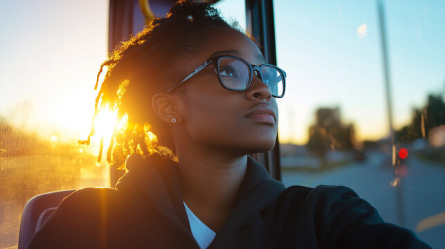 An African American woman with glasses boarding a bus, her face lit by the morning sun, looking ready for a productive day ahead.