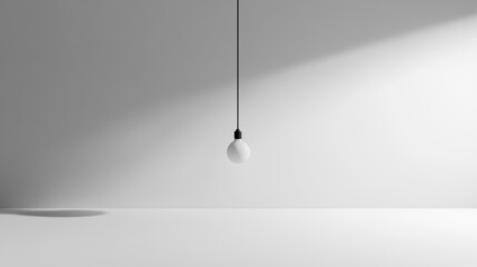 A single light bulb hanging from a cord, centered against a pure white background, casting soft shadows below