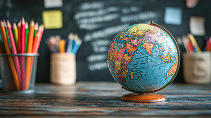 A globe sits on a desk next to a pencil holder and a chalkboard
