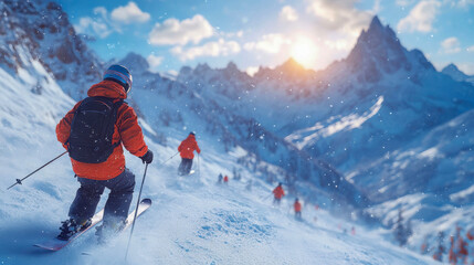 A skier in an orange jacket glides down a snowy mountain slope, surrounded by a breathtaking winter landscape with a glowing sunset in the background