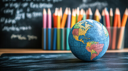A globe sits on a desk next to a pencil case