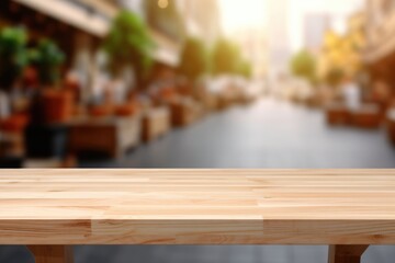 empty wooden table for displaying products and goods, street farmer's market on a blurred background, eco-shop, horizontal banner, copy space, free space
