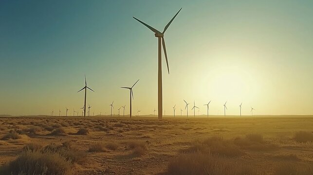 Picturesque wind farm with rows of tall spinning wind turbines harnessing renewable energy from the wind under a clear blue sky with warm golden sunlight illuminating the countryside landscape