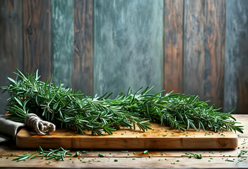 Herbs in the kitchen, thyme on a wooden chopping board background