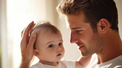 A father tenderly holds his baby daughter, sharing a loving moment in a bright indoor setting during the morning
