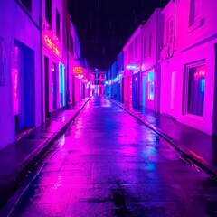 Neon-lit city street at night, rain reflecting on wet pavement.