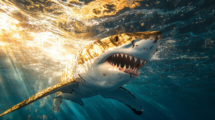 Giant great white shark underwater in the deep sea