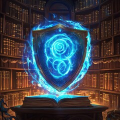 Enchanted Shield Surrounded by Mystical Energy in a Fantasy Library Setting with Ancient Books and Magical Aura in Soft Glowing Light