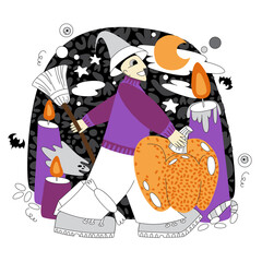 Vector illustration on the theme of Halloween in flat and doodle style. People celebrating Halloween. Witch with a broom and pumpkins.