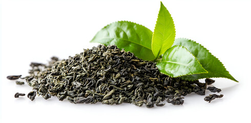 Green tea leaves isolated on a white background