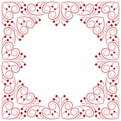 Square frame of curved lines and dots. Red curls on a white background. Stylized branches with berries. Fantasy geometric decor. Ethnic nordic style. Monochrome red decor for clothes, home, etc.