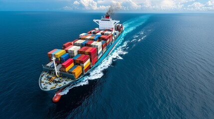 Cargo ship navigates midocean with digital smart contracts maritime trade high seas technology-driven environment aerial view future of shipping