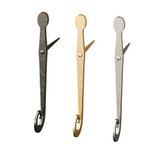 Three different colored metal hooks are shown, with one being gold, one silver