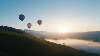 Fototapeta premium Hot air balloons float over misty hills at sunrise, creating serene scene