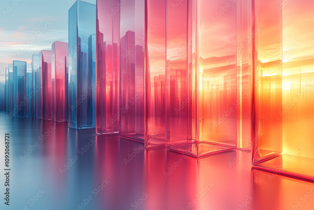 Poster a minimalist abstract scene with colorful transparent rectangular blocks arranged in a fluid, overla