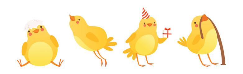 Funny Yellow Chicken Engaged in Different Activity Vector Set