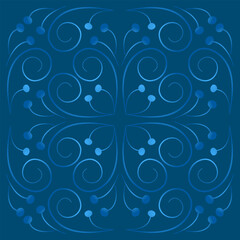 Seamless kaleidoscope blue mosaic tile. Melting watercolor pattern. Design element of curved lines. Blue curls on dark blue background. Frost pattern on the window. Ethnic nordic style.