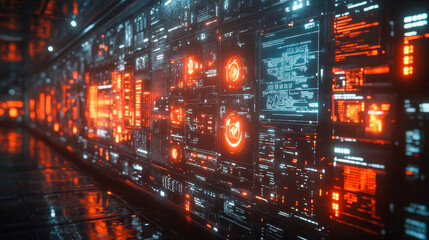 Obraz premium Glowing digital data panels in a futuristic style with vivid orange and red highlights. Ideal for technology, cybersecurity, or sci-fi concepts
