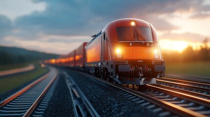 Naklejka premium Futuristic freight train journey scenic landscape low-resolution imagery serene environment close-up viewpoint transportation concept for creative exploration