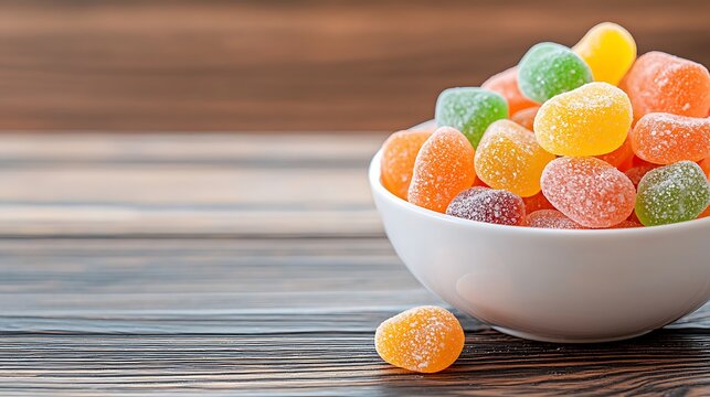 The vibrant hues of the assorted candies in the bowl create a visually appealing display against the rich, earthy tones of the wooden table