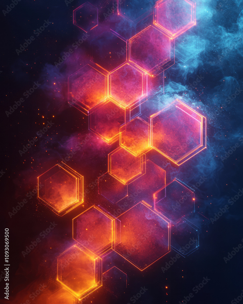 Poster an abstract depiction of layered gradient hexagons with glowing edges, stacked dynamically on a deep