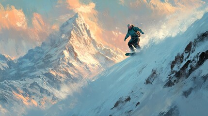 Snowboarder Descending Mountainous Terrain at Sunset