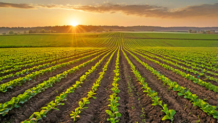Sunlit Field of Young Crops at Sunrise for Agricultural Growth