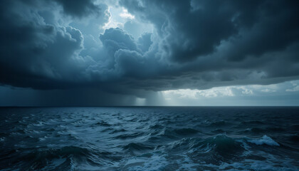 Dramatic ocean scene with dark clouds and stormy waves reflecting a moody atmosphere for Blue Monday concept