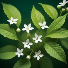 Close-up of green leaves and tiny white flowers on a soft green background. Ideal for nature, spring, and fresh theme designs with ample copy space.