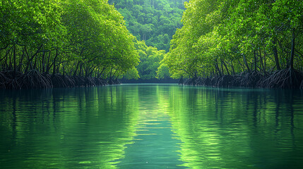 Fototapeta premium Tropical river in mangrove forest with reflection of trees.