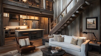 Rustic Cabin Interior with White Sofa and Wooden Staircase